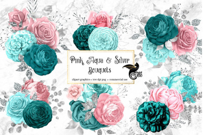 Pink Aqua and Silver Bouquets Clipart