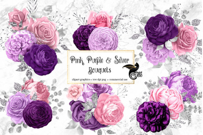 Pink Purple and Silver Floral Bouquets Clipart