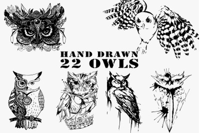 Wild owls. Collection of 22 graphic hand drawn illustrations