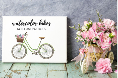 Watercolor Bikes, Rustic Bike with Flowers, Rustic Bikes