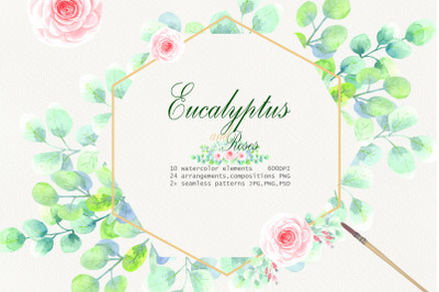 Watercolor  Eucalyptus and Roses Clip Art