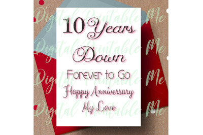 10th anniversary Card&2C; printable tenth anniversary card&2C; 10 year anniv