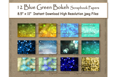 Green Blue Bokeh Digital Paper Printable 8.5&quot; x 11&quot; Texture scrapbook