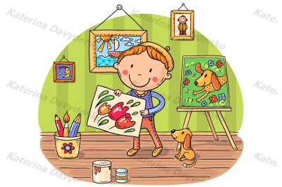 Little painter with his puppy and pictures