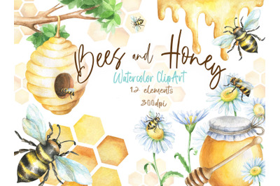 Watercolor bees and honey clipart png digital clip art Hand painted be