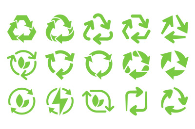 Green eco recycle arrows icons. Reload arrows, recyclable trash and ec