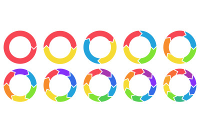 Colorful circle arrow charts. Multicolor spinning arrows, repeat circl