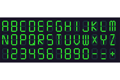 Digital display font. Alarm clock letters and numbers, electronic alph