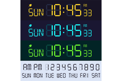 Alarm clock lcd display font. Electronic clocks numbers, digital scree