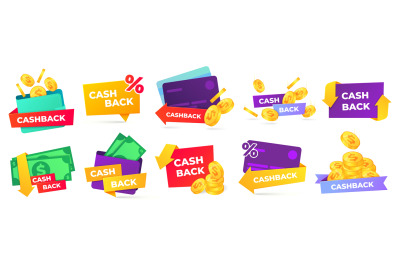 Cashback label. Money refund badges, cash back deal and return coins f