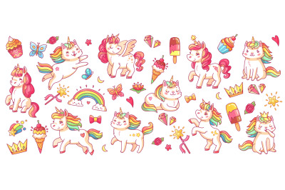 Cute pony and cat unicorns. isolated cartoon vector characters set for