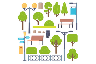 Park elements. Urban outdoor decor, lamppost and benches, bush and sig