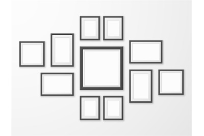 Black picture frames. Realistic empty image frame in different size an