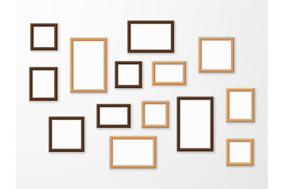 Wooden frame. Wood blank picture frames in different sizes on wall. Mu