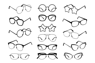 Glasses silhouettes. Modern eyeglasses&2C; fashion black eyewear symbols.