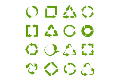 Recycling icons. Various green circle arrow symbols. Waste reuse recyc