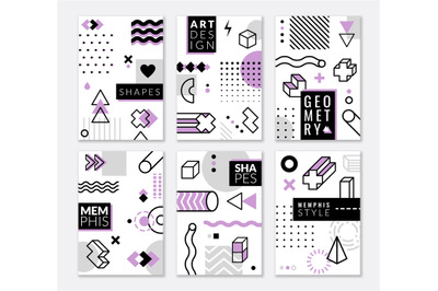 Geometric shapes posters. Vintage covers in memphis style with color g