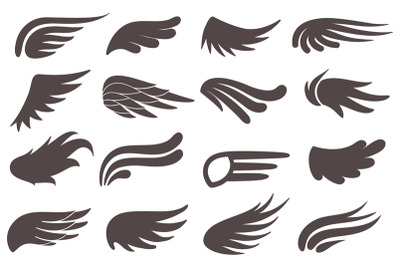 Wing icons. Different shapes of black wings&2C; feather birds peace emble