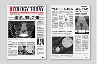 UFO newspaper. Newspaper columns with text, media news headlines extra