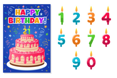 Birthday card with numbers candles. Anniversary invitation&2C; colorful c