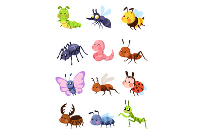 Cartoon insects. Cute grasshopper and ladybug&2C; caterpillar and butterf