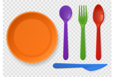 Disposable plastic tableware. Realistic colorful kids cutlery. Spoon,