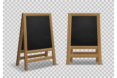 Menu announcement board. Realistic black wooden easel&2C; sidewalk stand&2C;