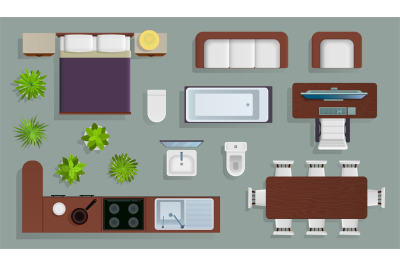 Interior top view. Office furniture design elements, bedroom and kitch