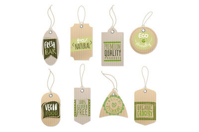 Eco cardboard labels. Paper craft shop product tag with sticker printi