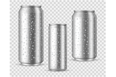 Realistic cold cans. Silver or aluminium metal wet blank energy drink