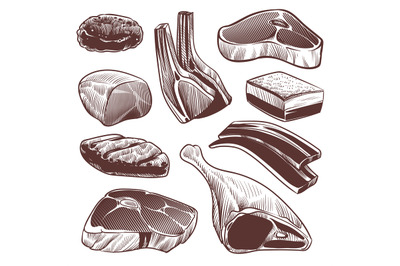 Sketch meat. Hand drawn fresh raw meat products collection, beef steak