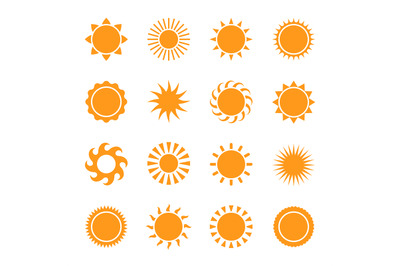 Sun icons. Yellow star pictogram, summer heat, sunlight, nature sunset