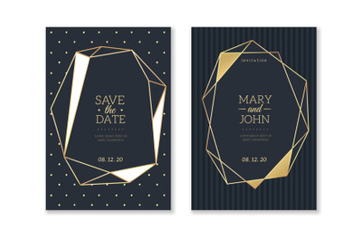 Wedding invitation cards. Trendy luxury card with gold polygonal textu