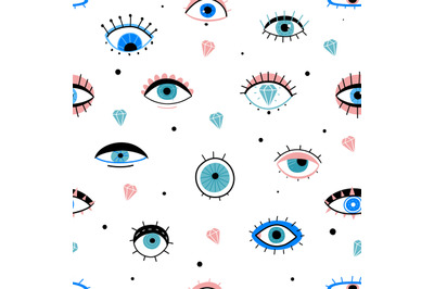 Eye doodles seamless pattern. Hand drawn various eyes talismans, diffe