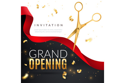 Grand opening. Golden confetti and scissors cutting red silk ribbon, i