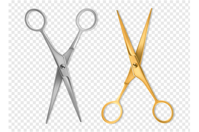 Realistic scissors. Silver and gold metal classic scissors tool mockup