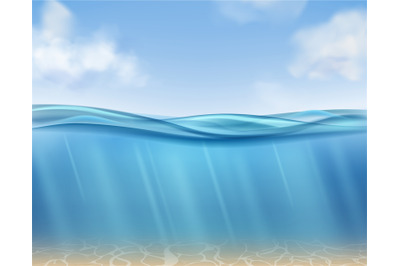 Ocean surface. Underwater blue water ocean&2C; suns rays and seabed. Clou