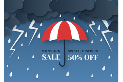 Monsoon sale. Paper cut origami style umbrella&2C; rain and clouds. Thund