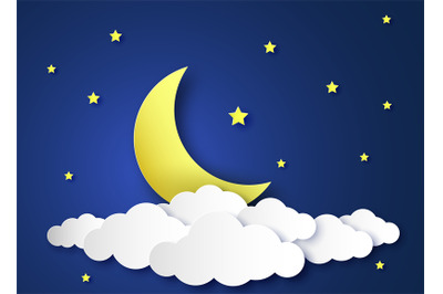 Paper night sky. Paper art origami style, clouds and crescent moon, st