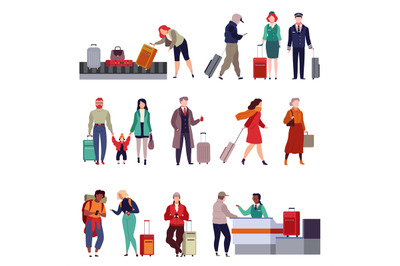 People with luggage. Travelling couple holding child and person togeth