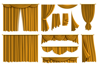 Realistic golden curtains. Luxury fabric silk curtain for theatre or w