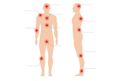 Man body with pain points. Circle painful red spot point on human silh