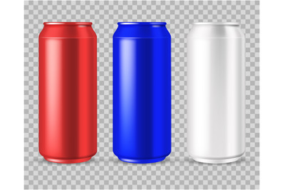 Realistic cans. beer or energy drink aluminium blank can in red, white