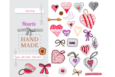Hand drawn sewing hearts. Set of vector red color items.