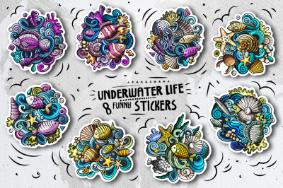 8 Funny Sea Life Vector Doodle Stickers Set
