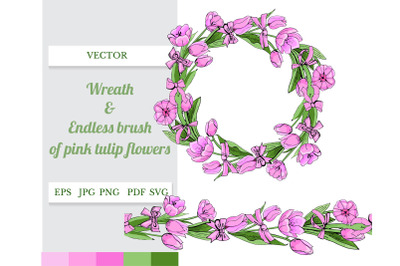 Wreath and endless brush of pink tulip flowers and bows.