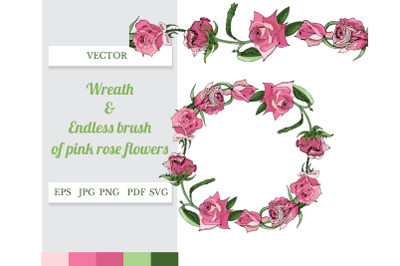 Wreath and endless brush of hand drawn pink rose flowers.