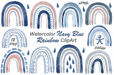 Watercolor Navy Blue Rainbows Clipart