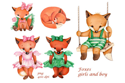 Cute watercolor foxes, girls and boy.