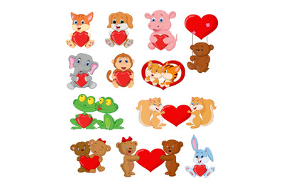 Set of cute animals with red heart